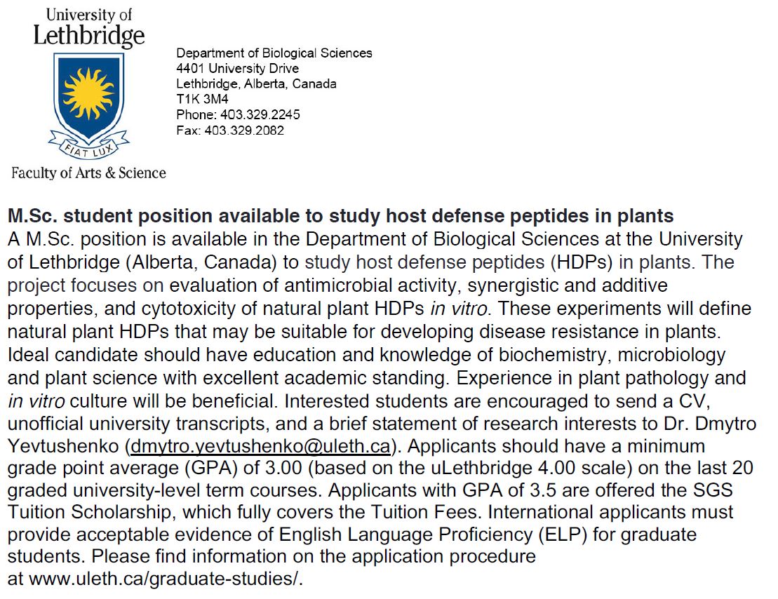 2019 M.Sc. student position at the University of Lethbridge (Canada).JPG